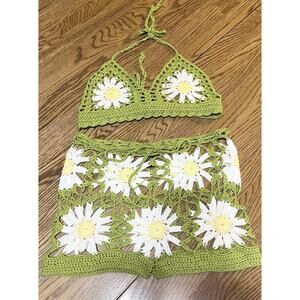 Green Daisy Crochet Bikini Top and Short Set Womens Swim Coverup Beach Cider S M